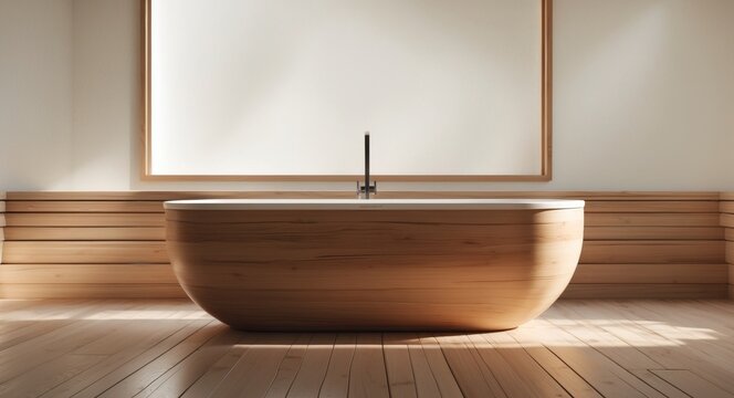 Modern Wooden Bathroom with Freestanding Tub and Window