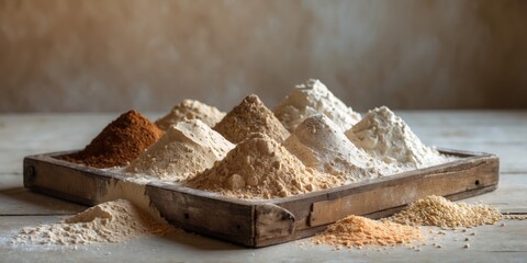Variety of flours displayed on a wooden tray in a rustic setting.
