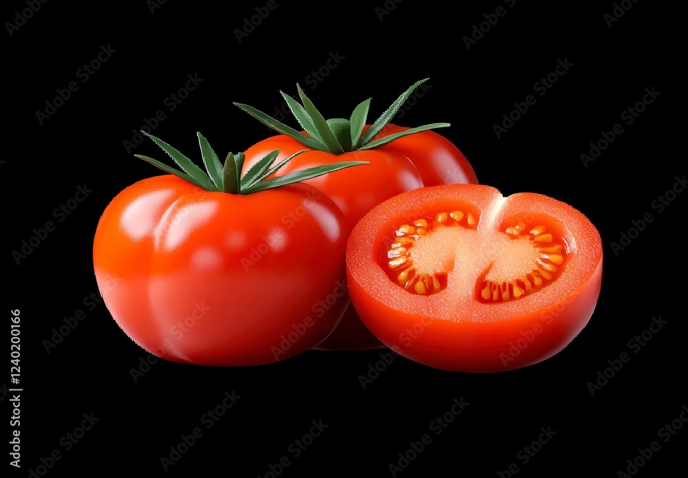 Wall mural Two whole red tomatoes and one halved tomato on a black background. The tomatoes are glossy and appear ripe and juicy. The lighting is bright