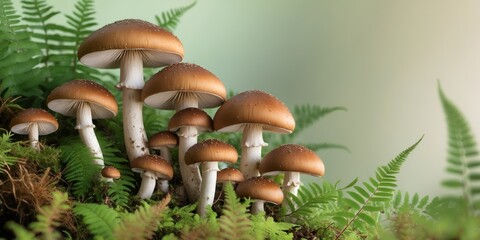 Cluster of Brown Mushrooms in Fern and Moss.