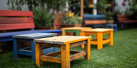 Obraz premium Colorful Wooden Benches and Tables in a Garden Setting