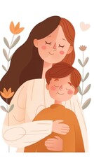 Obraz premium Mother's day Illustration of a Mother Embracing Her Child Surrounded by Nature and Joyful Elements
