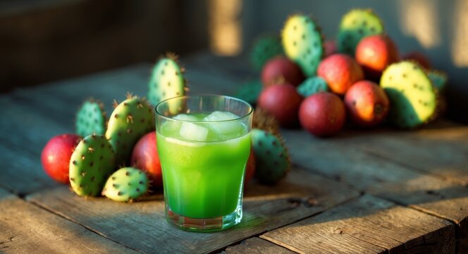 Refreshing Prickly Pear Juice with Ice Cubes in Glass Surrounded by Fresh Prickly Pear Fruits on Rustic Wooden Table for Health and Summer Vibes.