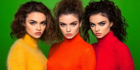 Obraz premium Three Beautiful Women Posing in Colorful Knit Sweaters