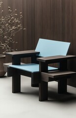 Rustic light blue cushioned chair with dark brown wooden frame sits outdoors against a dark brown slatted wall, next to a potted plant. Soft, natural