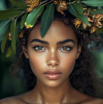 portrait of beautiful women. She is from Brazil. She is wearing an artistic and beautiful hair ornament made of branches, leaves and flowers of the copaiba plant.