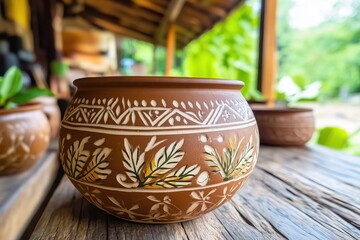 A beautifully handcrafted clay pot with intricate white floral and geometric patterns, placed on a rustic wooden table in an outdoor setting. Traditional pottery craftsmanship.

