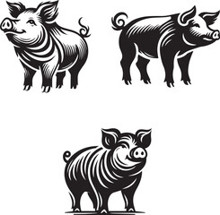 Vector Pig Silhouettes - Set of Three Stylized Pig Illustrations