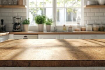 Fototapeta premium Wooden table in bright kitchen with window and plants creating a warm and inviting scene