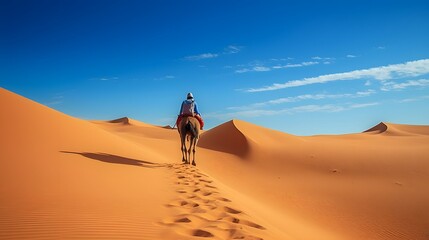 Desert Traveler on Camel Caravan Exploring Vast Sand Dunes Landscape in Dramatic Arid Environment  Nomadic Journey and Adventure Through Serene Tranquil Desert Panorama