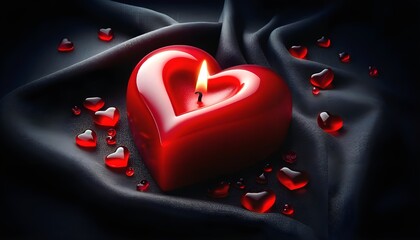 The cozy glow of love from a delightful red heart-shaped candle resting on a black fabric.
