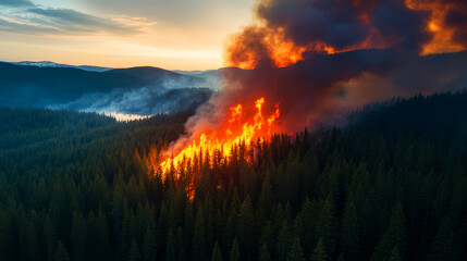Obraz premium Majestic Forest Fire Illuminating Twilight Sky with Dramatic Flames and Smoke Over Trees