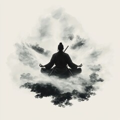 Samurai meditating in zen garden japanese ink painting elegant strokes serene environment artistic viewpoint