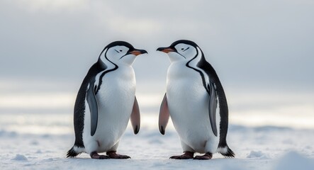 Two Chinstrap Penguins Standing in Snowy Habitat
