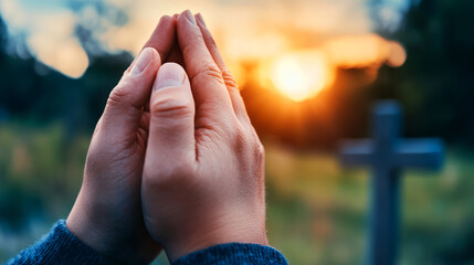 Hands in Prayer Position at Sunset with Cross in Background Reflecting Serenity and Faith