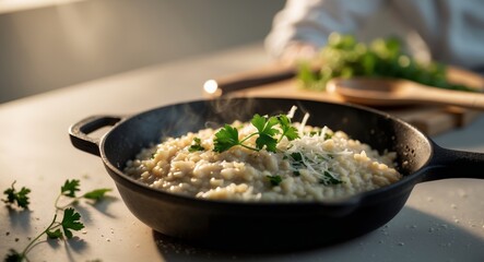 Close up view of a delicious risotto in a black pan ready to serve