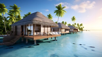 Breathtaking scene of luxurious overwater bungalows nestled in a tranquil tropical island paradise surrounded by crystal clear turquoise waters and a picturesque natural landscape