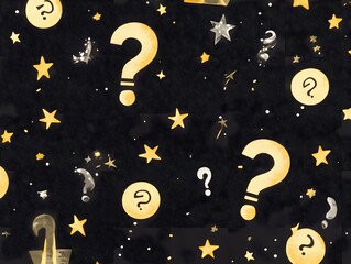 Cosmic Question Marks Seamless Pattern, Gold Stars and Question Marks on Black Background