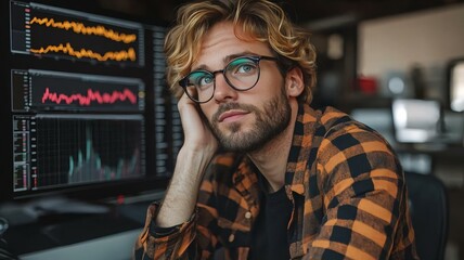 Obraz premium Young man with glasses thinking about financial analysis at desk