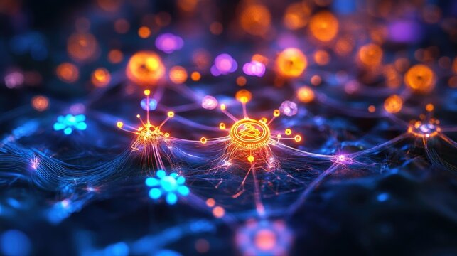 3D illustration of a decentralized finance (DeFi) ecosystem, glowing network