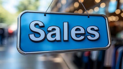 Bright Blue Sales Sign Hangs Outside Retail Store Displaying Offers