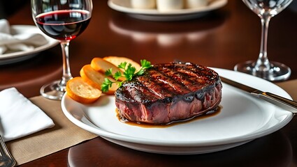 Gourmet Filet Mignon with Red Wine on a Sophisticated Dining Table