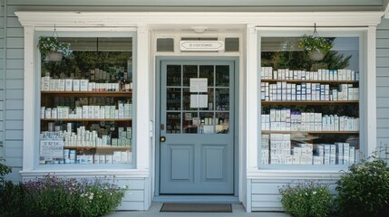 The storefront of a small, independent pharmacy with a welcoming entrance.