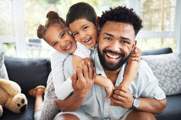 Father, children and hug portrait in home, love and laughing together for bonding connection....
