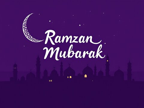 ramzan mubarak written on a purple background with a mosque with crescent and stars