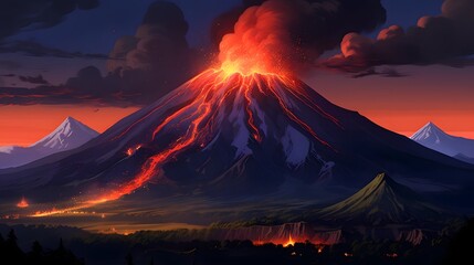 Spectacular view of an active volcano erupting with intense glowing lava flowing powerfully down the slopes creating an and dramatic natural landscape