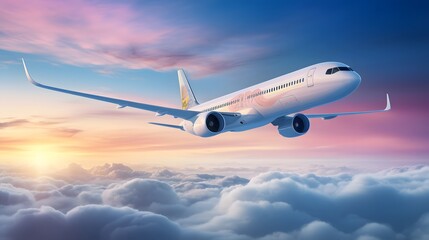 Airplane gliding effortlessly through a dreamy pastel colored sky surrounded by wispy ethereal clouds in a tranquil serene landscape vista