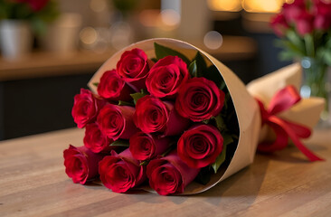 A bouquet of red roses in brown wrapping paper lies on a wooden table.