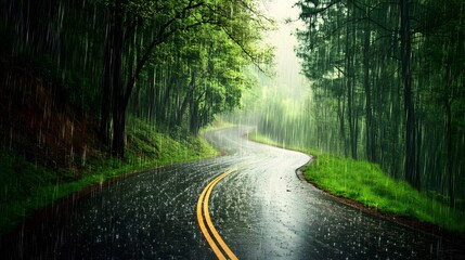 Obraz premium Rainy Road Winding Through Lush Green Forest