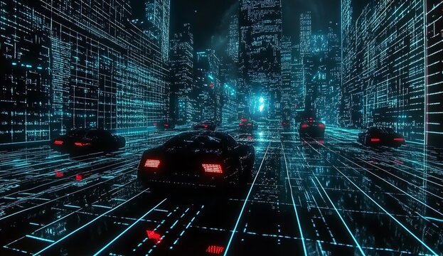 Futuristic city street at night with glowing digital cars.