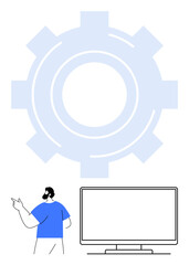 Man gesturing towards a large gear icon behind a blank monitor screen. Ideal for technology, engineering, presentations, tutorials, software development, automation, teamwork. Line metaphor