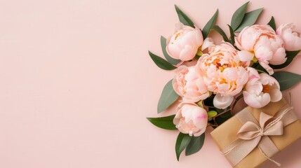 Flowers and Gift Box and blank space on Soft Pink Background for Special Occasions