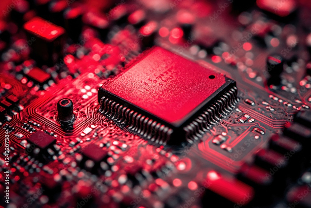 Poster red illuminated circuit board with electronic components in a macro view for technology background