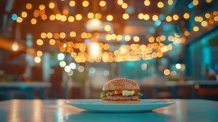 Juicy burger on plate, restaurant night lights. Food photography for menus