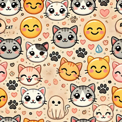 Obraz premium Minimalist Cute Cat Faces and Paw Prints Fabric Pattern