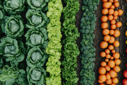 Rows of fresh vegetables growing in a garden with cabbage lettuce broccoli and tomatoes