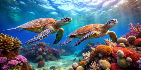 Naklejka premium Two Sea Turtles Swimming Among Colorful Coral Reefs Beneath Water