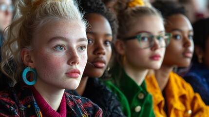 Fototapeta premium Diverse Group of Young Women Engaged in a Thoughtful Discussion at a Creative Workshop or Event