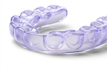 Close up view of a translucent lavender dental mouthguard, showcasing its textured surface and curved shape against a bright white background