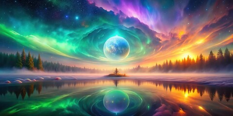 Surreal dreamscape featuring a celestial body and a tranquil lake reflecting a vibrant aurora borealis, enveloped by a misty forest at sunrise