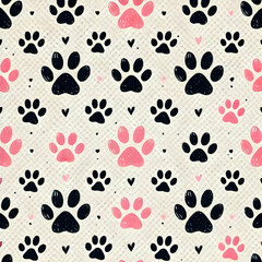 Fototapeta premium Cute Cat Paw Print Fabric Pattern in Pink and Black Tones