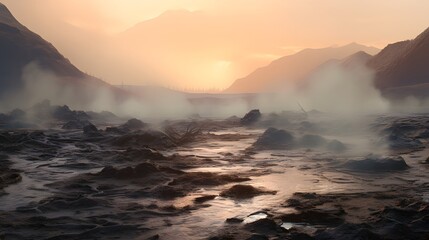 Fototapeta premium Mysterious and eerie volcanic landscape with steam vents rising from a desolate barren field The moody