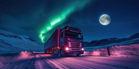 Lorry is driving on a snowy mountain road at night, illuminated by the headlights and a bright full moon, with the mesmerizing green glow of the aurora borealis dancing in the sky above