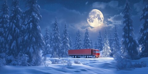 Red truck driving on a snowy road through a winter forest at night under the magical glow of a full moon, creating a serene and captivating winter wonderland scene