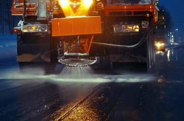 Snow removal truck spraying antifreeze liquid on a frozen road at night, enhancing safety for drivers while efficiently battling icy winter conditions in an urban environment