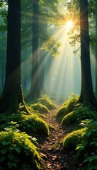 Moss carpeted forest floor with sunbeams filtering through trees, foliage, magical forest